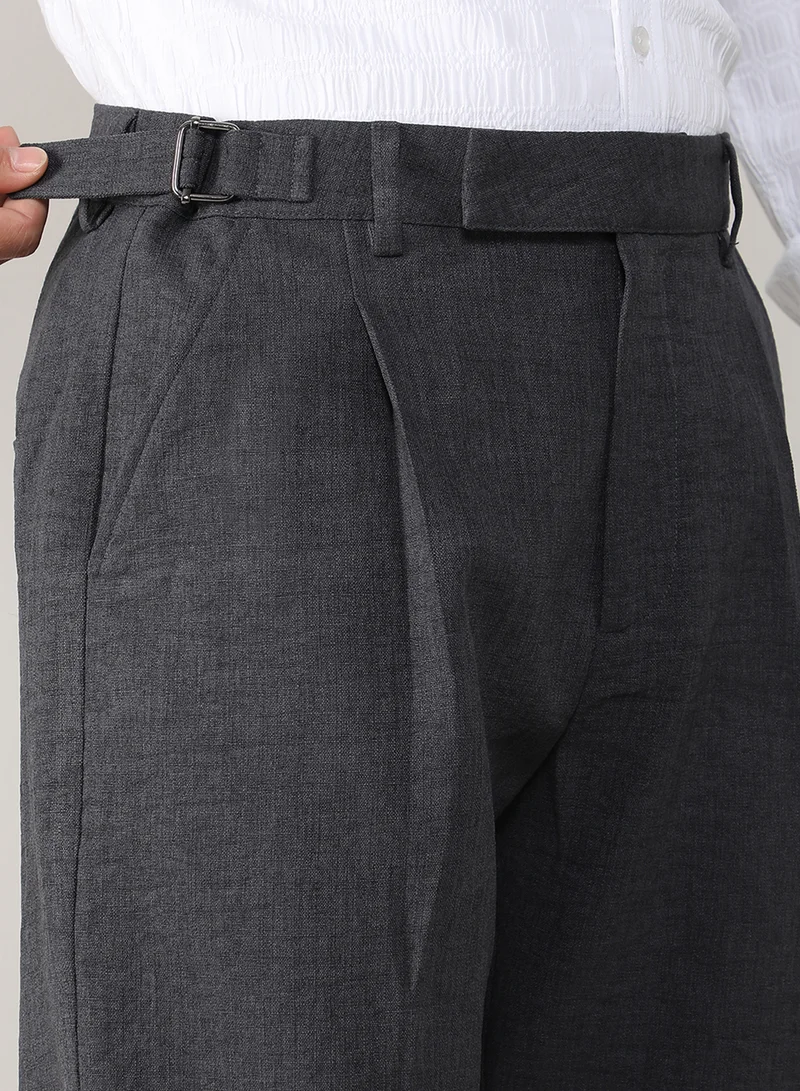 Campus Sutra  Men's Charcoal Black Tailored Linen-Blend Trousers For Casual Wear | Tailored Fit | 4 Pockets | Hook Closure | Trousers Crafted With Comfort Fit For Everyday Wear for Men | Best Price UAE